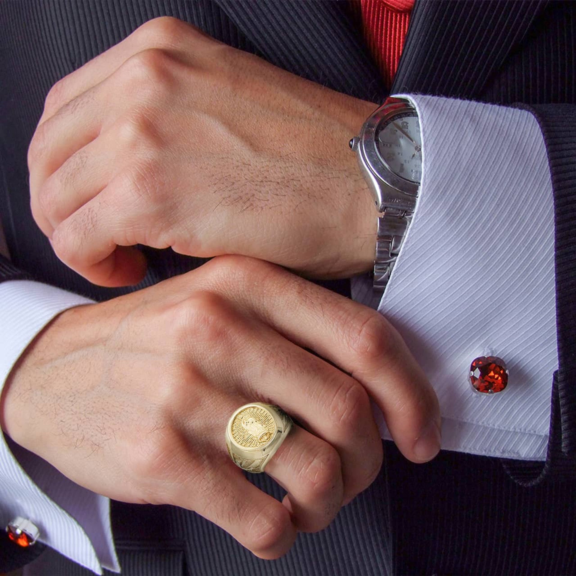 Gold Religious Our Lady of Guadalupe Patroness of Unconditional Love and Protection Statement Ring (Available in Yellow/Rose/White Gold)