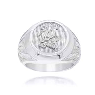Gold Beaded Patron Saint George Dragon Cross Signet Ring (Available in Yellow/Rose/White Gold)