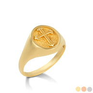 Gold Religious Cross Textured Signet Ring (Available in Yellow/Rose/White Gold)