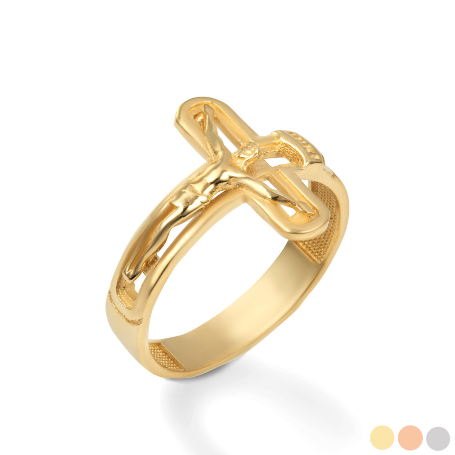 Gold Sideways Jesus Christ Crucifix Cross Religious Ring (Available in Yellow/Rose/White Gold)