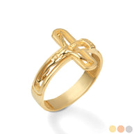 Gold Sideways Jesus Christ Crucifix Cross Religious Ring (Available in Yellow/Rose/White Gold)