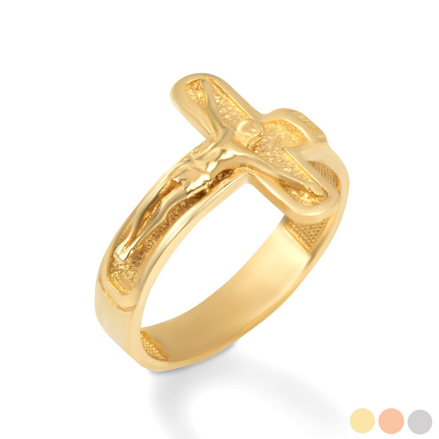 Gold Sideways Jesus Christ Cross Crucifix Ring (Available in Yellow/Rose/White Gold)