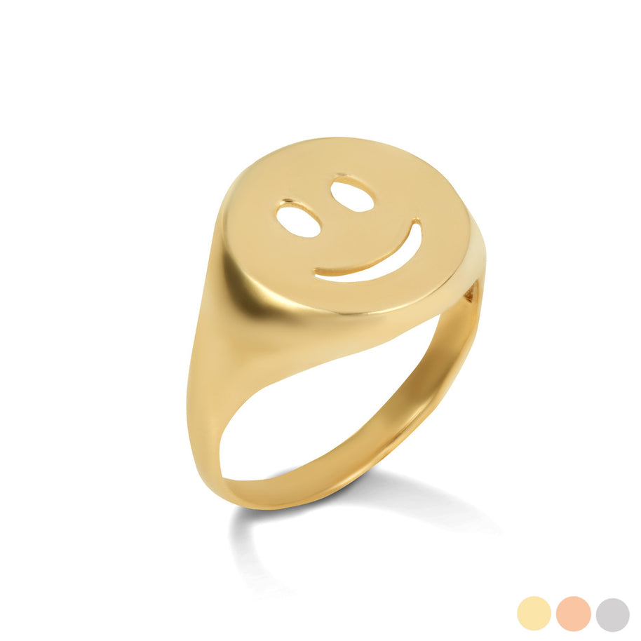 Gold Happy Smiley Face Emoji Signet Ring (Available in Yellow/Rose/White Gold)