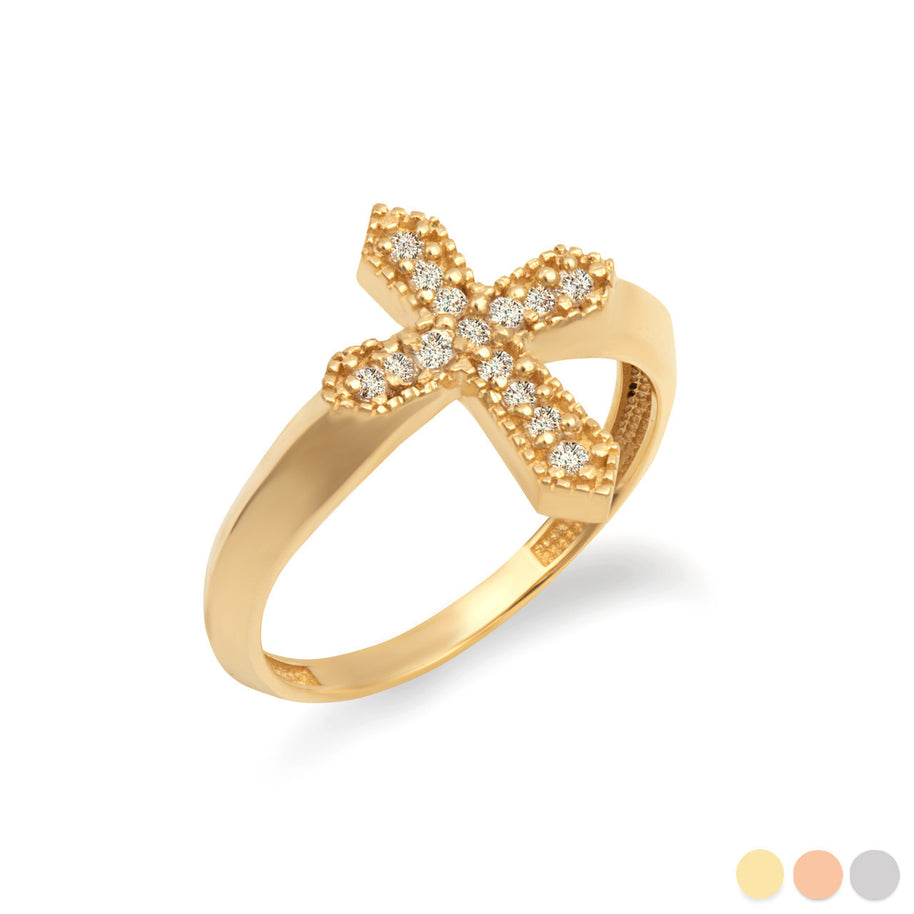 Gold Diamond Studded Cross Ring (Available in Yellow/Rose/White Gold)