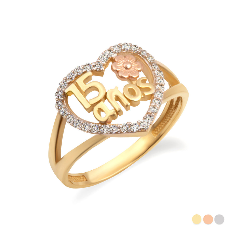 Two-Tone Gold 15 Años Cubic Zirconia Heart Flower Rose Quinceañera Ring (Available in Yellow/Rose/White Gold)