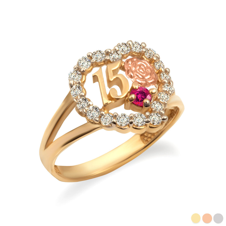 Two-Tone Gold 15 Años Cubic Zirconia Heart Birthstone Rose Flower Quinceañera Ring (Available in Yellow/Rose/White Gold)