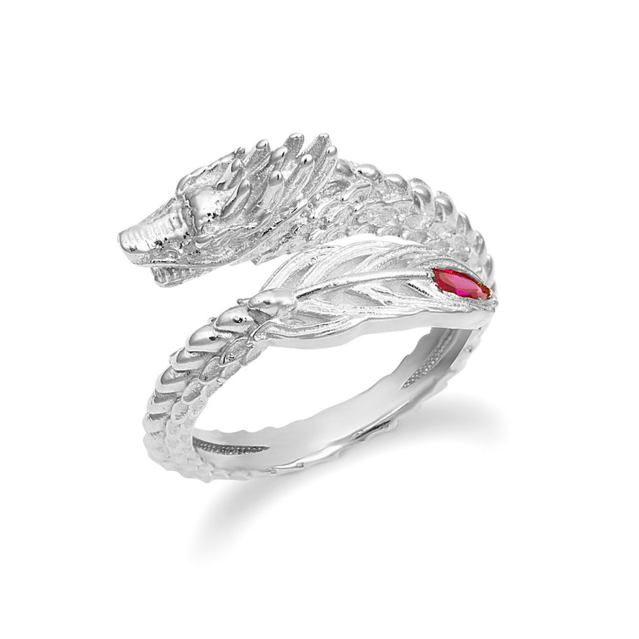 .925 Sterling Silver Diamond Cut Dragon Tail Ruby Birthstone Band Ring