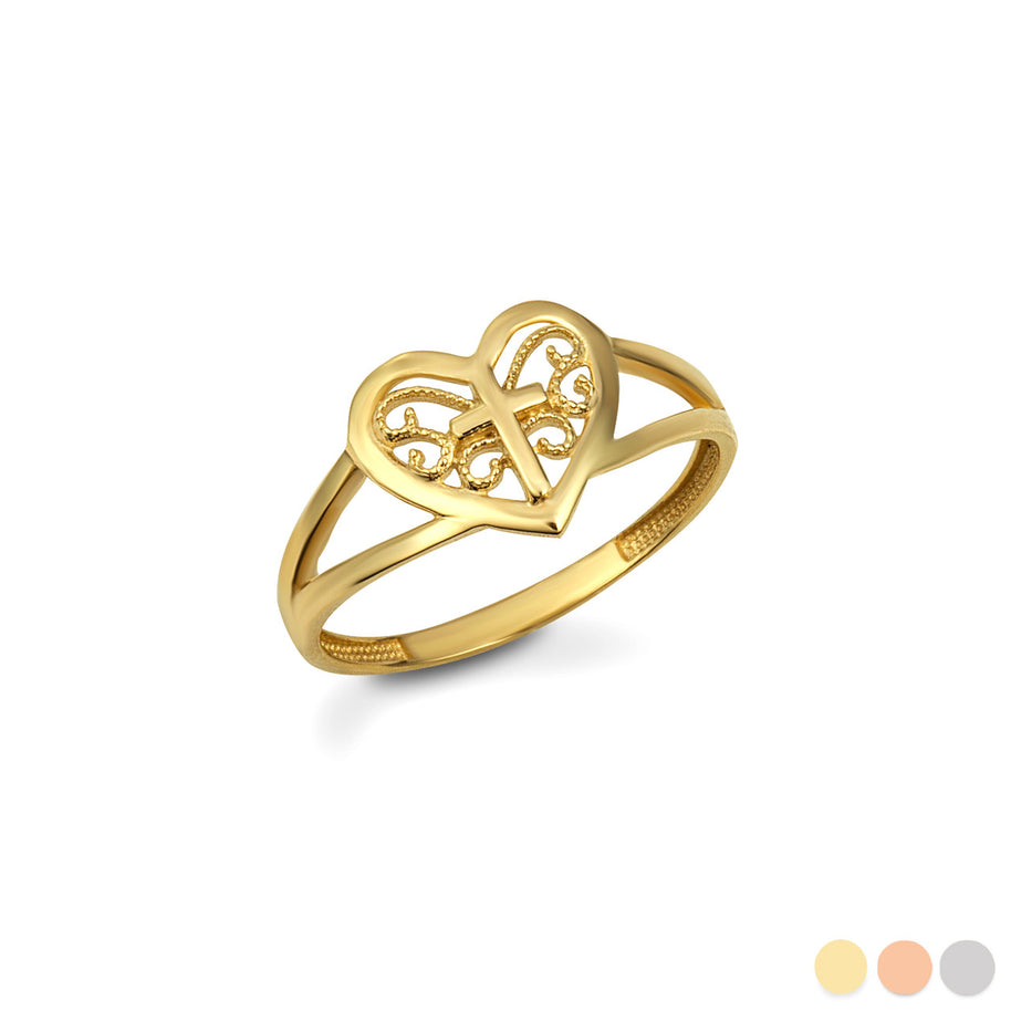 Gold Filigree Heart Cross Ring (Available in Yellow/Rose/White Gold)