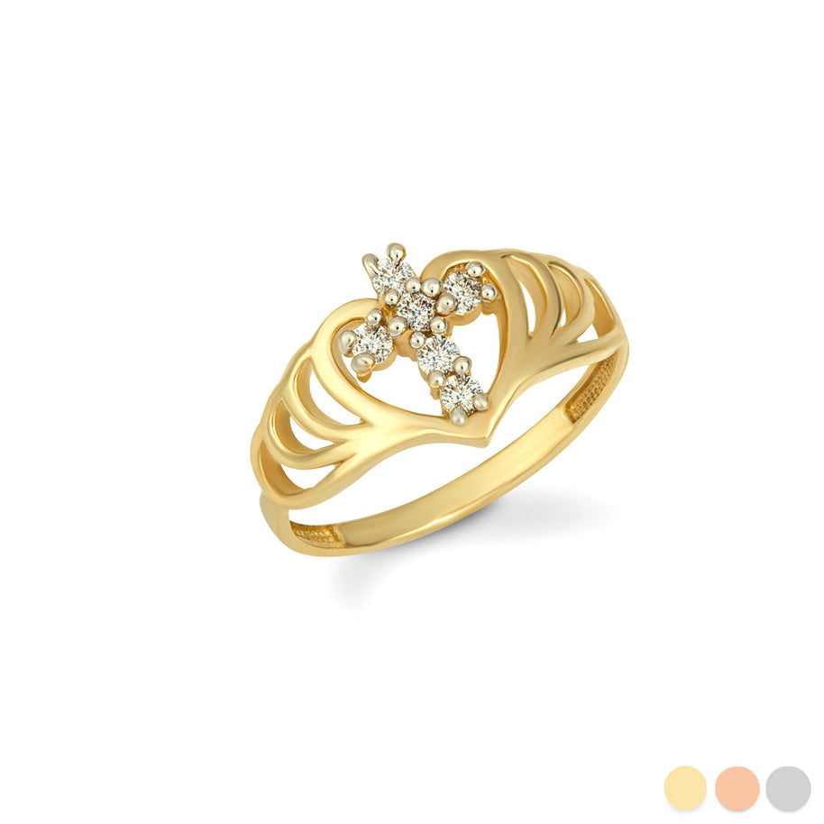 Gold Cubic Zirconia Cross Heart Filigree Ring (Available in Yellow/Rose/White Gold)