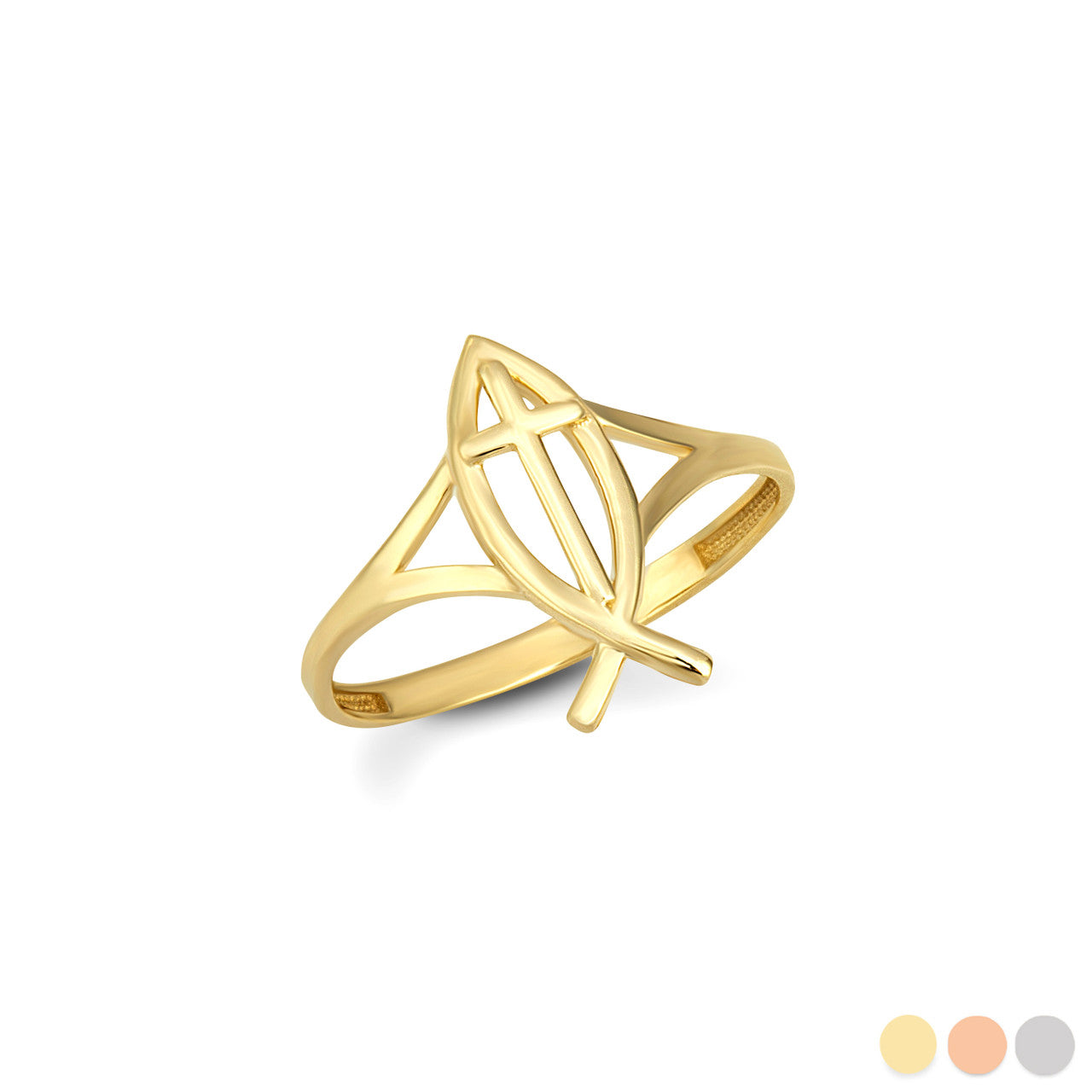 Gold Christian Fish Cross Ichthys Ring (Available in Yellow/Rose/White Gold)