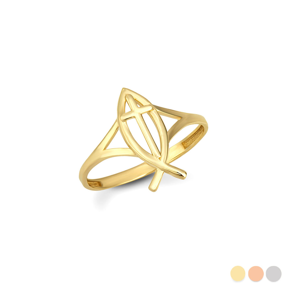 Gold Christian Fish Cross Ichthys Ring (Available in Yellow/Rose/White Gold)