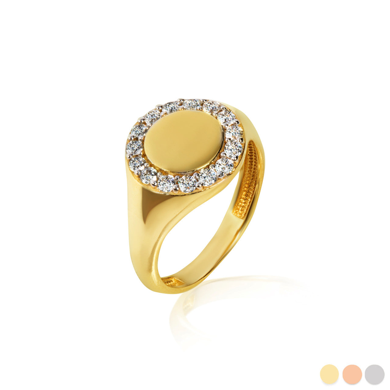 Gold Engravable Cubic Zirconia Halo Signet Ring (Available in Yellow/Rose/White Gold)