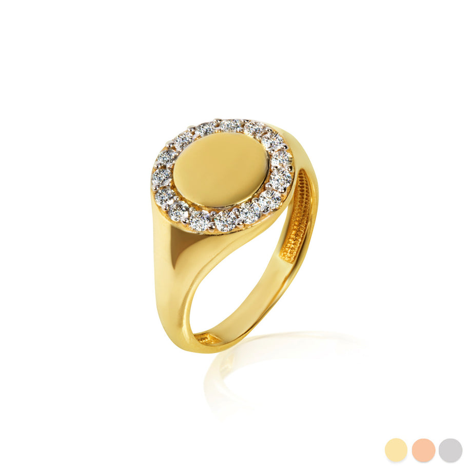Gold Engravable Cubic Zirconia Halo Signet Ring (Available in Yellow/Rose/White Gold)