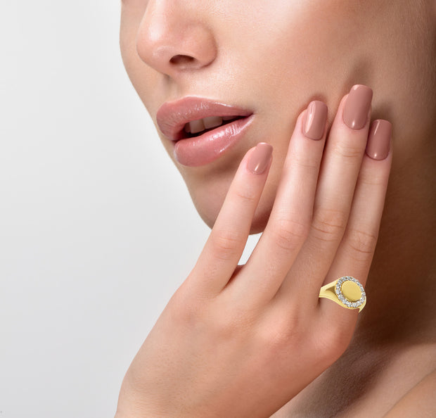 Gold Engravable Cubic Zirconia Halo Signet Ring (Available in Yellow/Rose/White Gold)