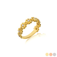 Tri-Color Gold Daisy Flower Heart Ring (Available in Yellow/Rose/White Gold)