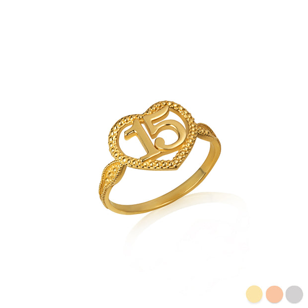 Gold Textured 15 Años Heart Quinceañera Ring (Available in Yellow/Rose/White Gold)