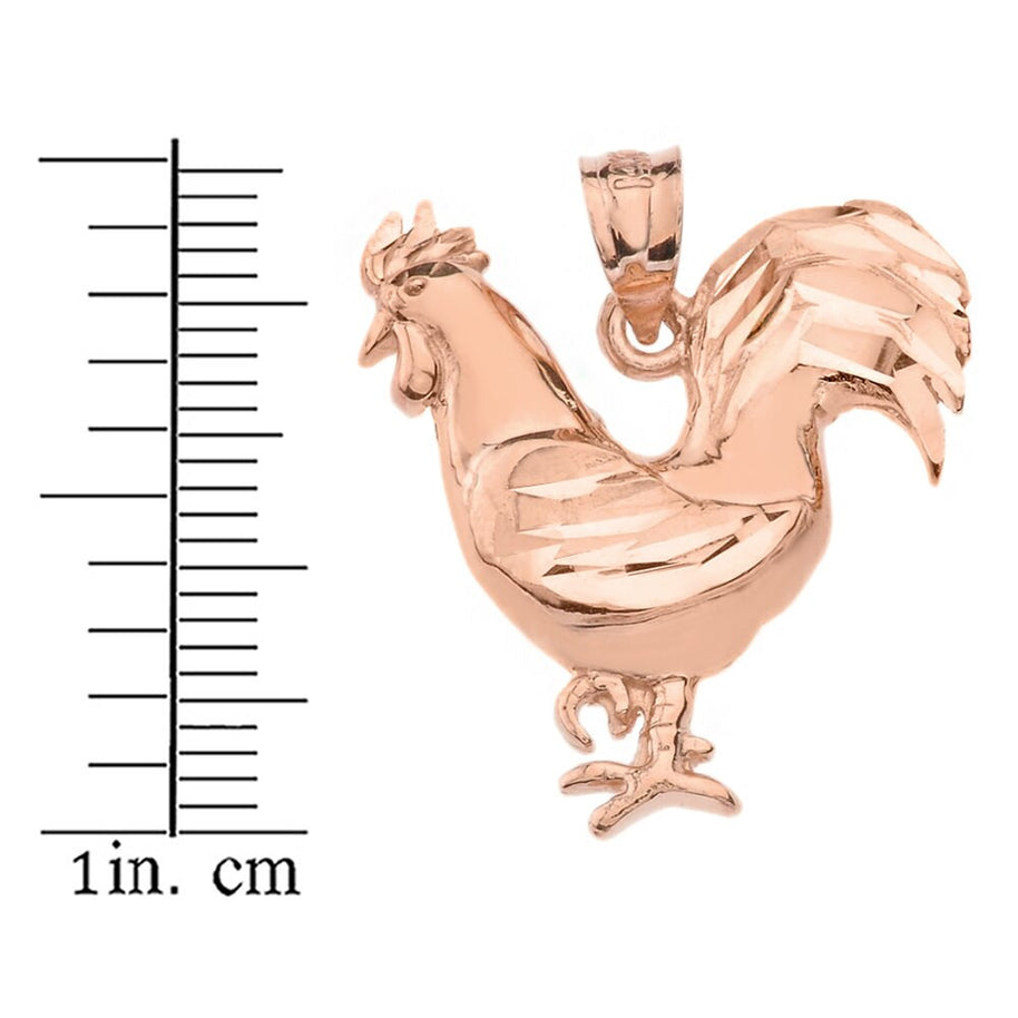 Sparkle Cut Rooster Pendant Necklace in Solid Gold (Yellow/Rose/White)