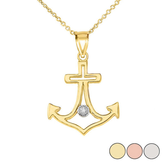Diamond Outline Anchor Pendant Necklace in Gold (Yellow/Rose/White)