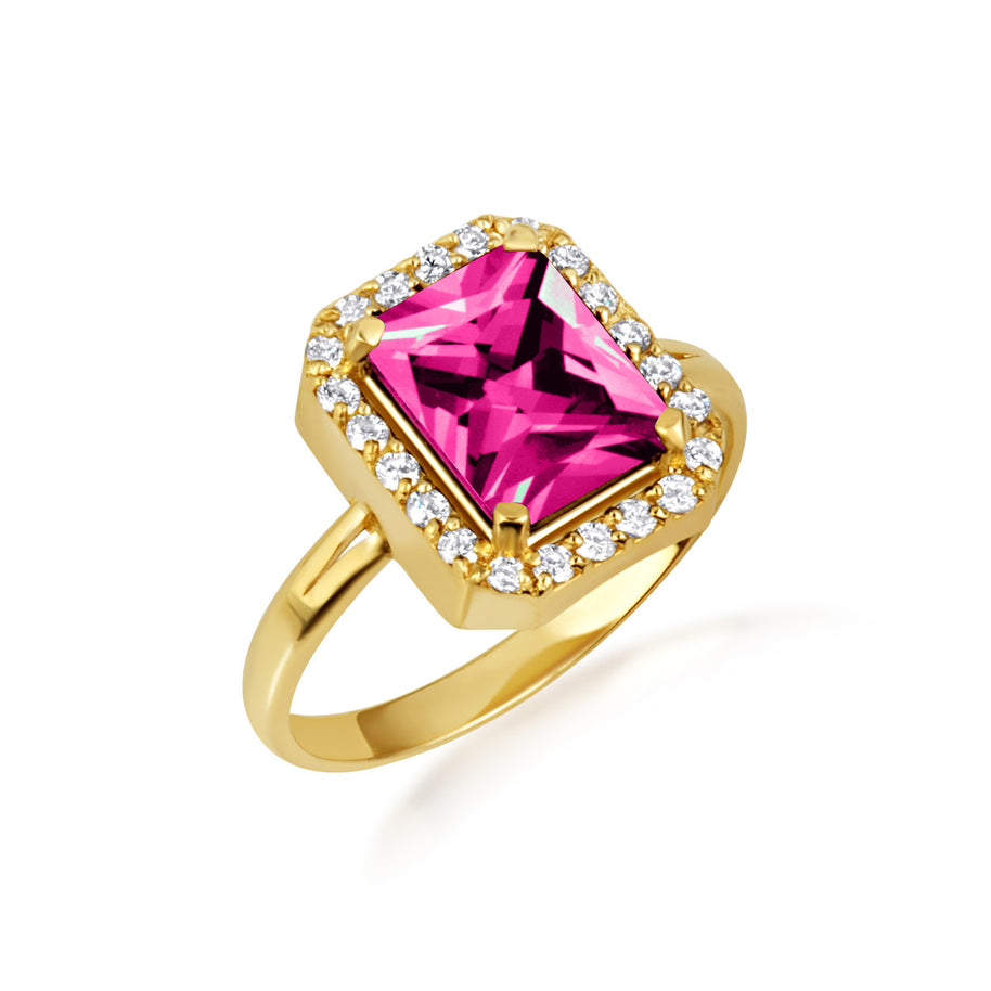 Gold Radiant Cut CZ Birthstone Halo Ring (Available in Yellow/Rose/White Gold)