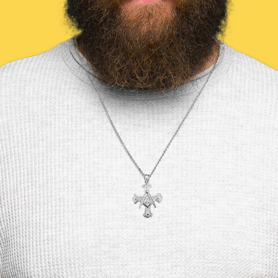 .925 Sterling Silver Freemason Cross Square and Compass Pendant Necklace