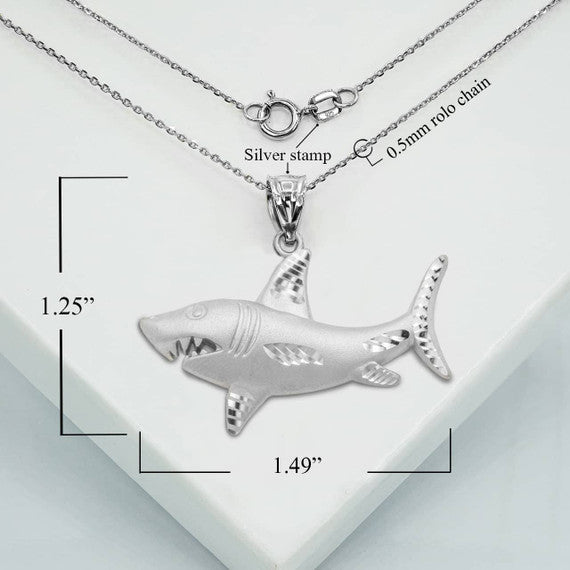 .925 Sterling Silver Satin Finish Shark Diamond Cut Pendant Necklace