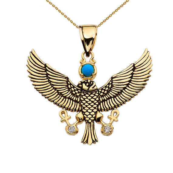 Diamond Falcon of Tutankhamun holding the 'Ankh' Cross Gold Pendant Necklace (Available in Yellow, White and Rose)