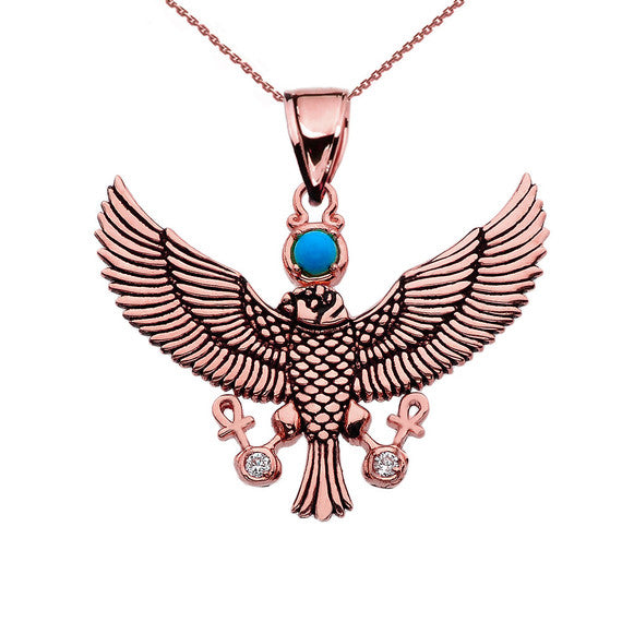Diamond Falcon of Tutankhamun holding the 'Ankh' Cross Gold Pendant Necklace (Available in Yellow, White and Rose)