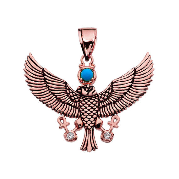 Diamond Falcon of Tutankhamun holding the 'Ankh' Cross Gold Pendant Necklace (Available in Yellow, White and Rose)