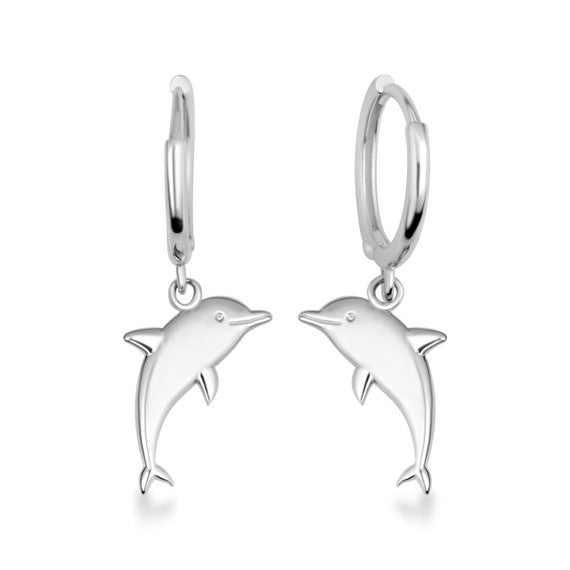 .925 Sterling Silver Sea Dolphin Drop Huggie Hoop Earrings