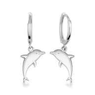 .925 Sterling Silver Sea Dolphin Drop Huggie Hoop Earrings