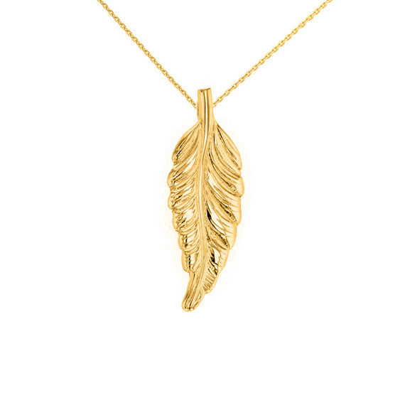 Solid Gold Bohemia Boho Feather Pendant Necklace (Available in Yellow/Rose/White Gold)