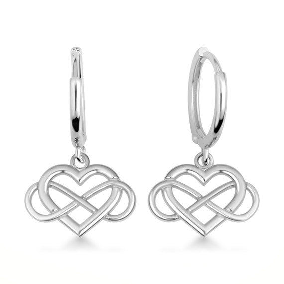 .925 Sterling Silver Infinity Heart Drop Huggie Hoop Earrings