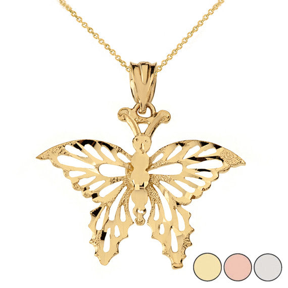 Solid Gold Filigree Diamond Cut Butterfly Pendant Necklace(Available in Yellow/Rose/White)