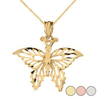 Solid Gold Filigree Diamond Cut Butterfly Pendant Necklace(Available in Yellow/Rose/White)