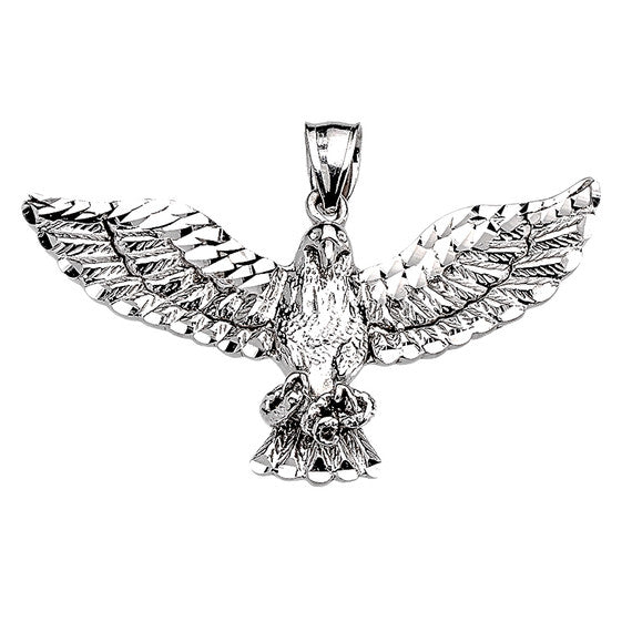 .925 Sterling Silver Diamond Cut American Bald Eagle Pendant Necklace