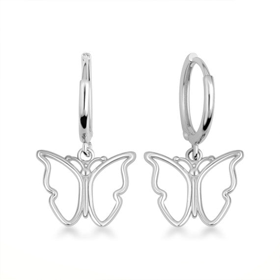.925 Sterling Silver Butterfly Nature Drop Huggie Hoop Earrings