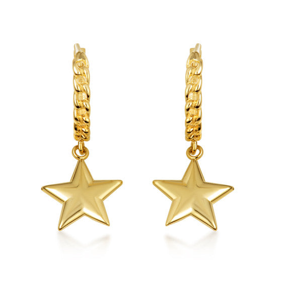 Yellow Gold Star Cuban Link Huggie Hoop Earrings