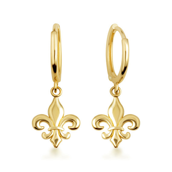 Yellow Gold French Fleur-de-Lis Drop Huggie Hoop Earrings