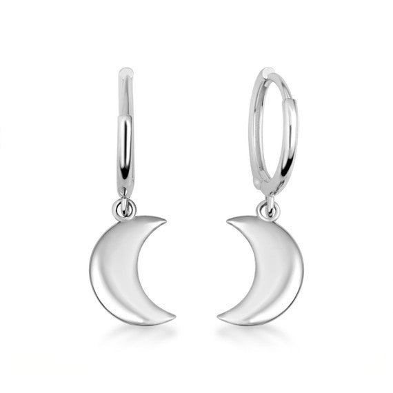 .925 Sterling Silver Crescent Moon Drop Huggie Hoop Earrings