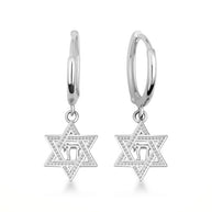 .925 Sterling Silver Jewish Chai Star Of David Drop Huggie Hoop Earrings