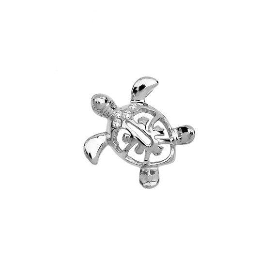 .925 Sterling Silver Diamond Hawaiian Honu Sea Turtle Hidden Bail Pendant Necklace