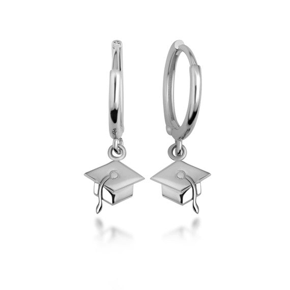 .925 Sterling Silver Graduation Cap Drop Huggie Hoop Earrings