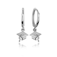 .925 Sterling Silver Graduation Cap Drop Huggie Hoop Earrings