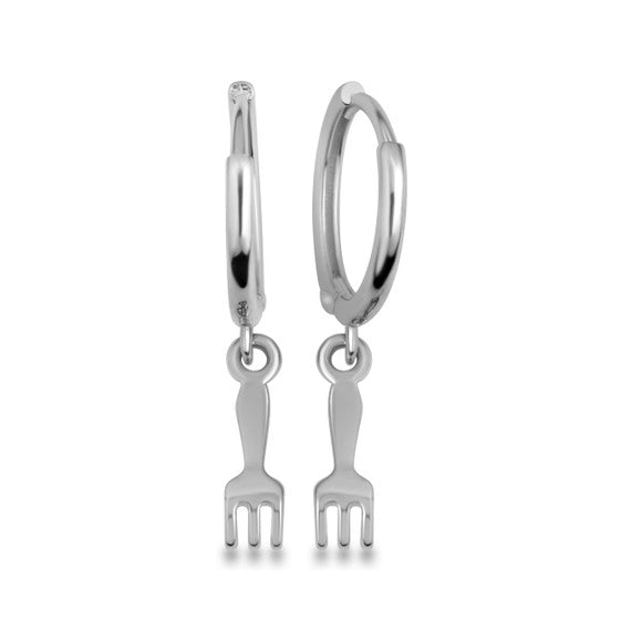 .925 Sterling Silver Fork Food Drop Huggie Hoop Earrings