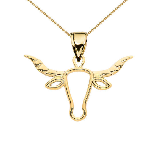 Gold Texas Longhorn Bull Pendant Necklace (Available in Yellow/Rose/White Gold)