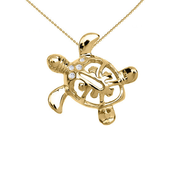 Gold Diamond Hawaiian Lucky Charm Honu Turtle Hidden Bail Pendant Necklace(Available in Yellow/Rose/White)