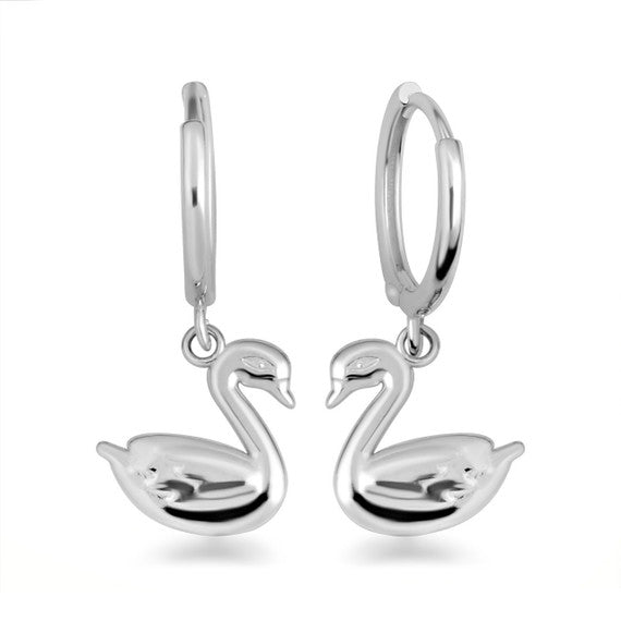 .925 Sterling Silver Elegant Swan Drop Huggie Hoop Earrings