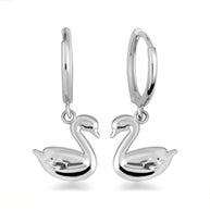 .925 Sterling Silver Elegant Swan Drop Huggie Hoop Earrings