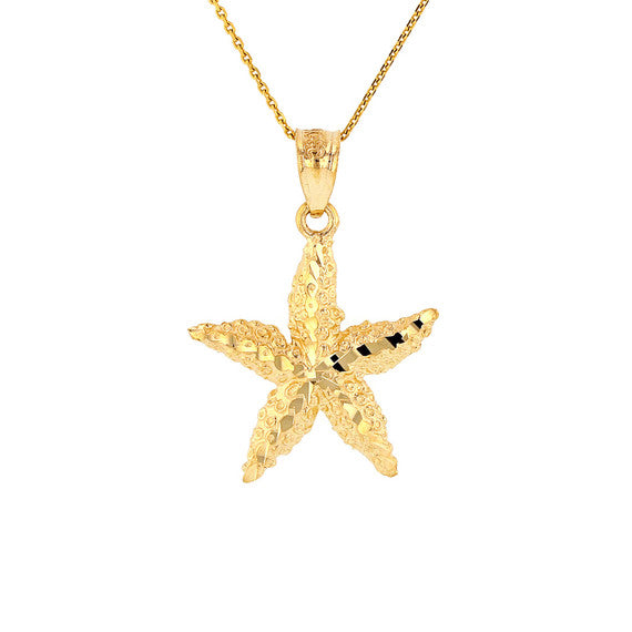 Solid Gold Diamond Cut Starfish Sea Star Pendant Necklace (Available in Yellow/Rose/White Gold)