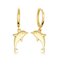 Yellow Gold Sea Dolphin Drop Huggie Hoop Earrings